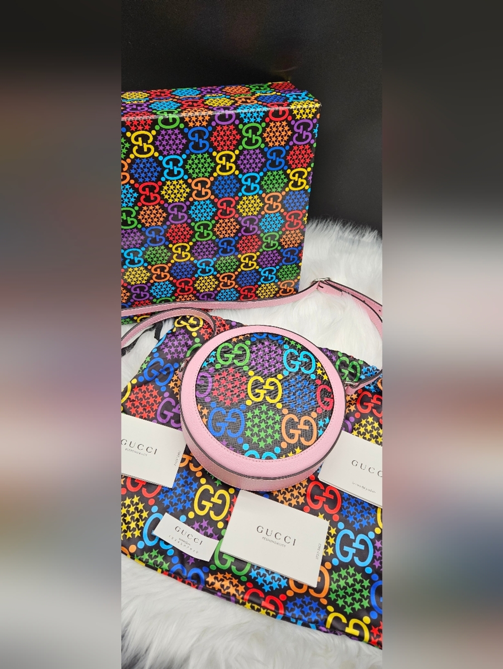 GUCCI Rainbow Psychedelic Round Shoulder Messenger Bag Purse Pink Handbag - Picture 5 of 17